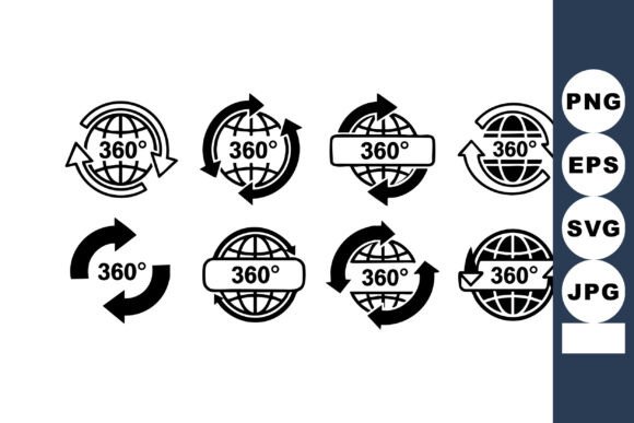 360 Degrees Rotation Globe Icons Vector: Full Circle Motion