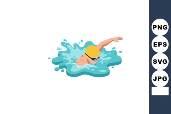 Dynamic Energy: The Swimmer in Yellow Cap Performing Freestyle Design Asset